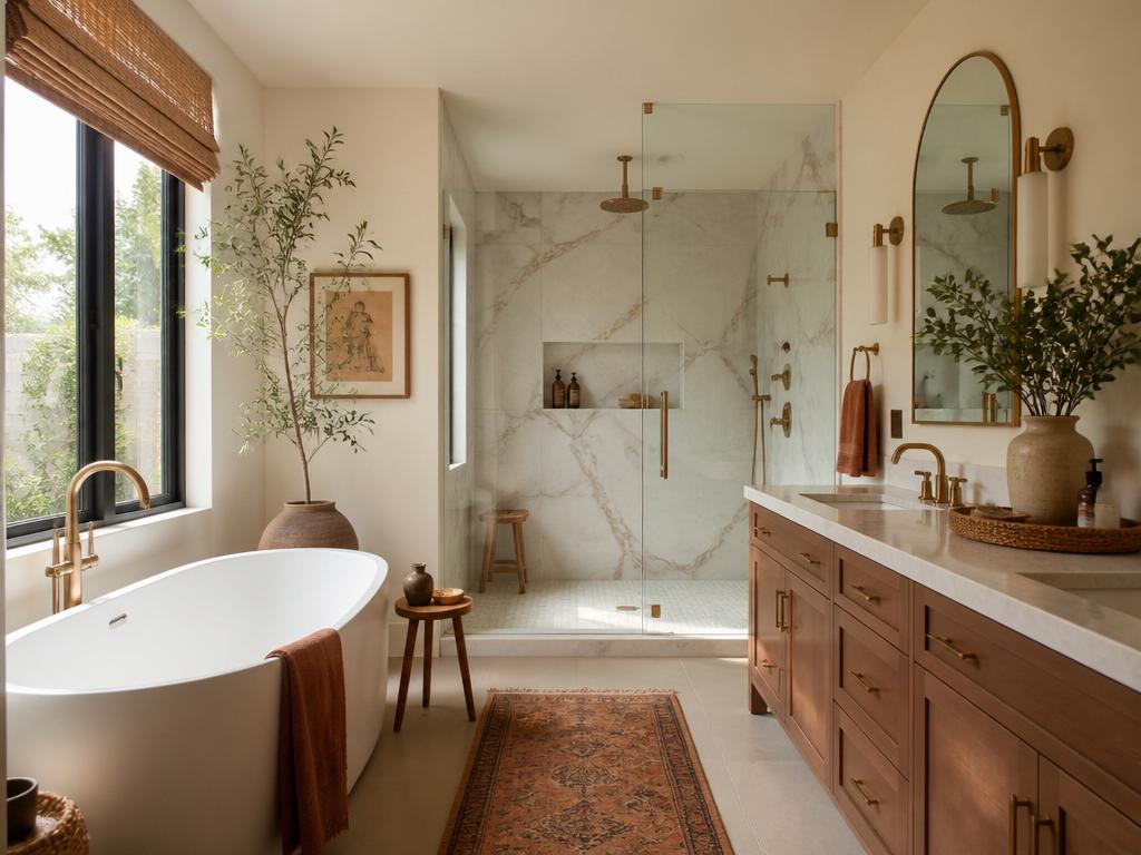 Luxury bathroom remodel in San Jose with freestanding tub and frameless glass walk-in shower