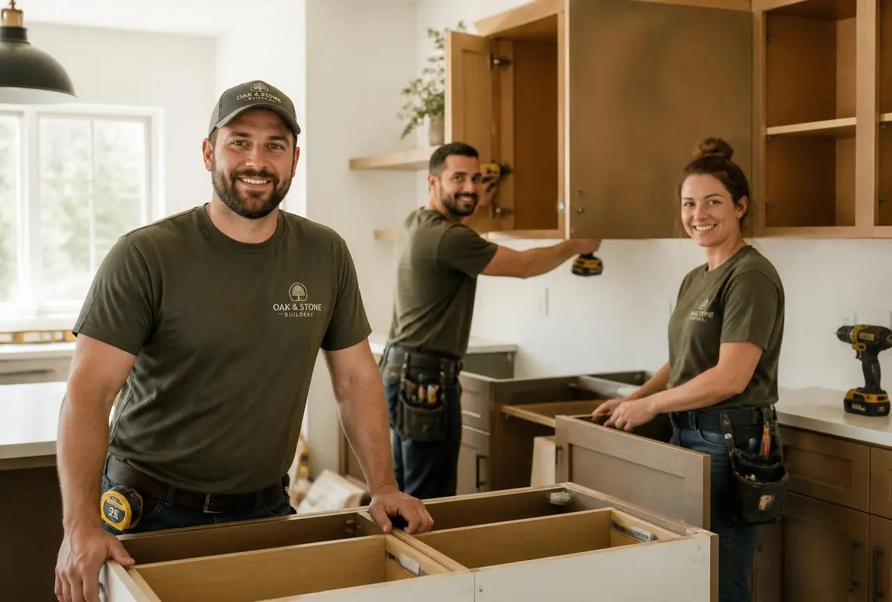 JS Construction remodeling team installing custom kitchen cabinets in a San Jose home