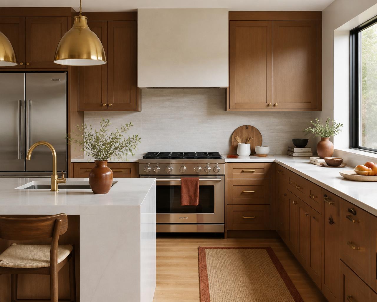 Luxury kitchen remodel in San Jose by JS Construction featuring custom white oak cabinets, quartz countertops, and brass fixtures