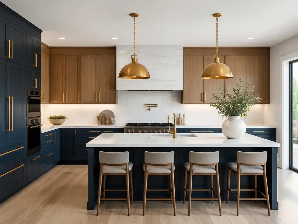 Modern kitchen remodel in San Jose with navy shaker cabinets and white oak island